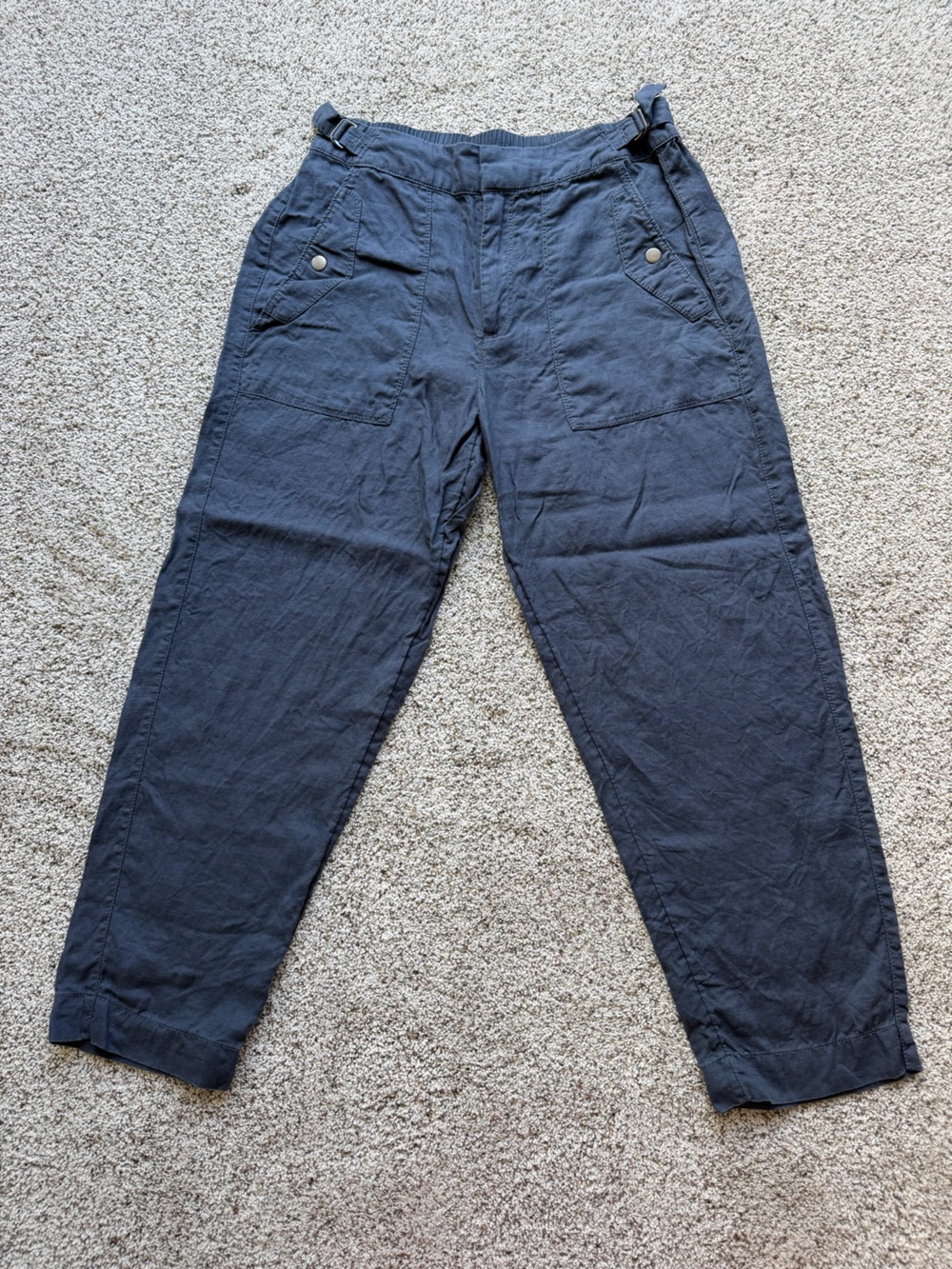 Athleta Voyager Linen Pants Sz 8 Granite Blue Tapered Leg Crop Pull-On Pants